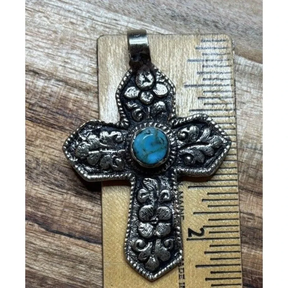 German Silver Cross Pendant Turquoise Cabochon Nepal Tibetan Floral Scroll